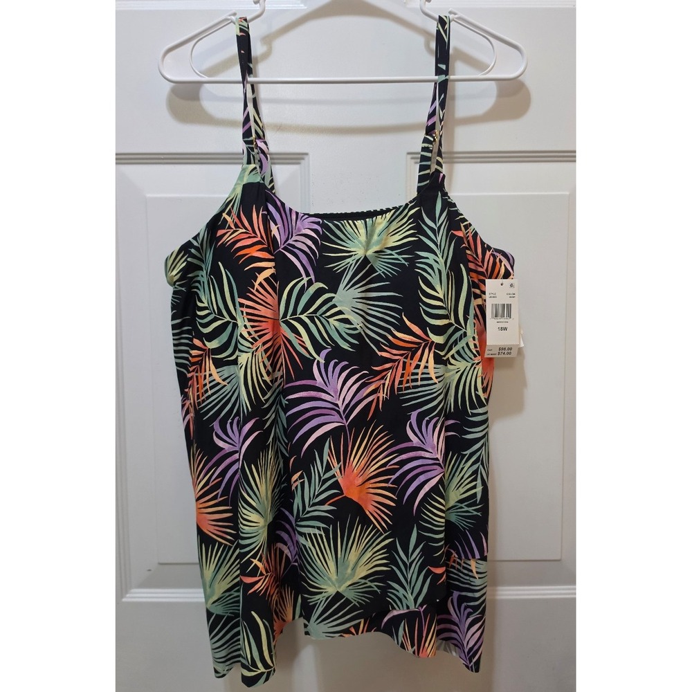 Leilani Plus NWT Underwire Tankini Swim Top Neon Palm Leaves Black Multi 18W